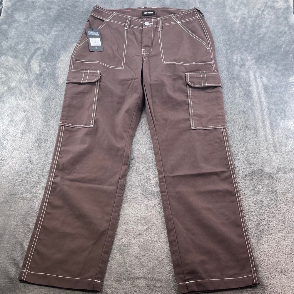 NWT True Religion Men Baggy SN Cargo Pant Bracken Brown White Contrast Stitch 32